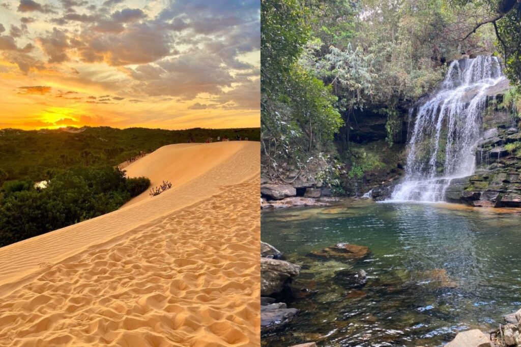 Colagem de duas paisagens naturais épicas do Brasil: à esquerda, dunas de areia alaranjada ao pôr do sol no Jalapão; à direita, uma cachoeira em meio à mata exuberante com piscina natural na Serra da Canastra.