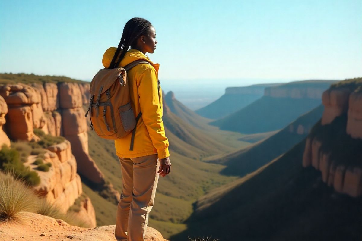 Mulher aventureira com mochila apreciando a vasta paisagem de um cânion com paredes rochosas e vales profundos sob um céu azul, em um destino de ecoturismo no Brasil.