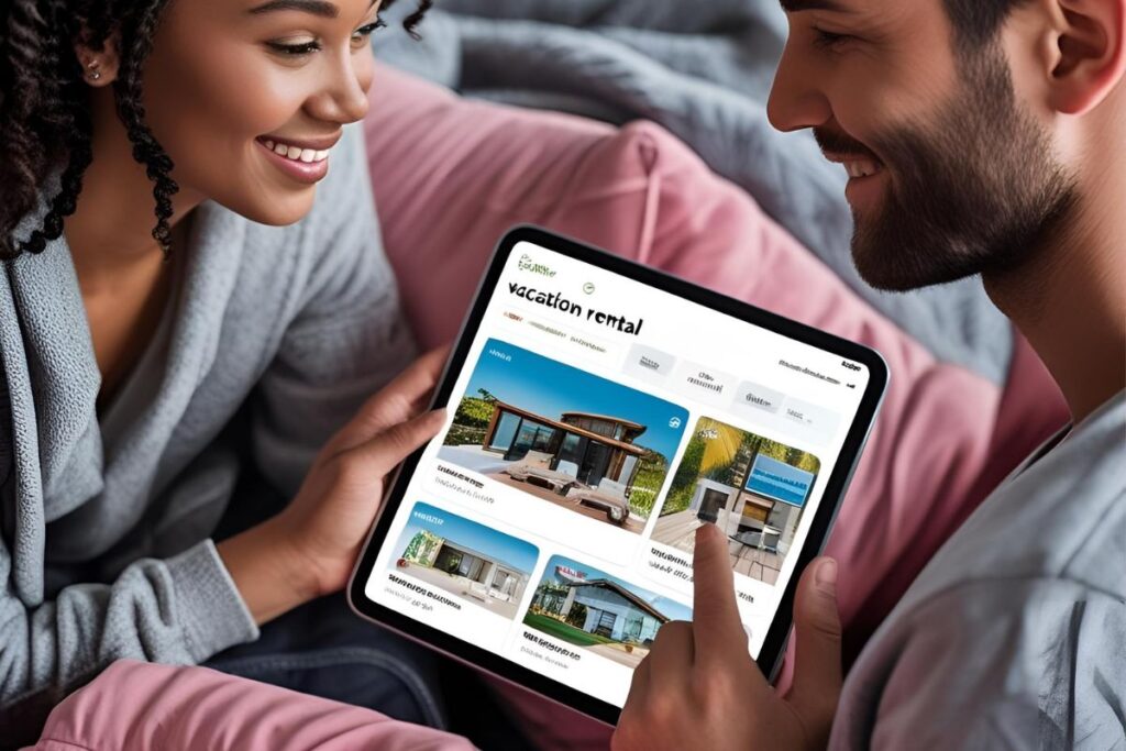 Um casal sorridente planejando uma viagem e pesquisando opções de aluguel por temporada em um tablet.