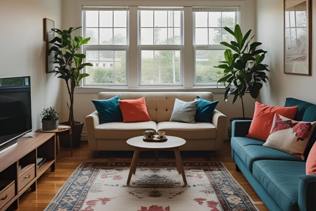 Sala de estar aconchegante com sofás, plantas e janelas grandes.