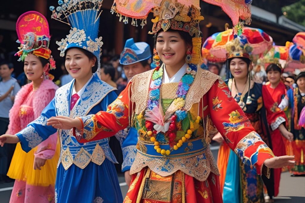 Mulheres em trajes tradicionais japoneses participando de desfile durante festa cultural asiática