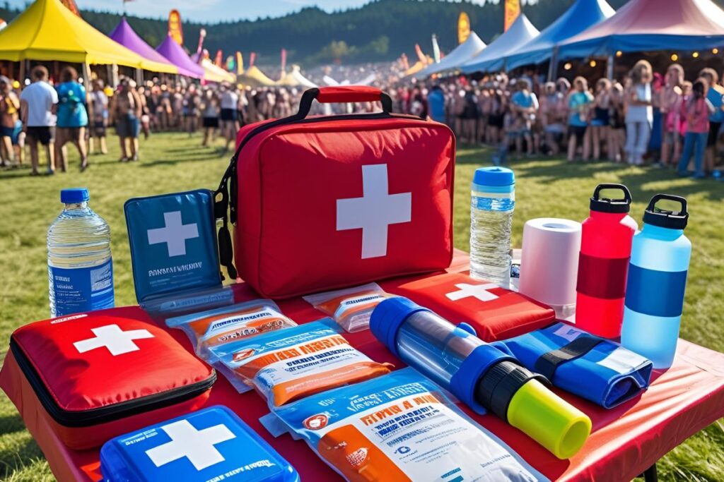 Kit de primeiros socorros completo para festas tradicionais com suprimentos médicos e garrafas d'água