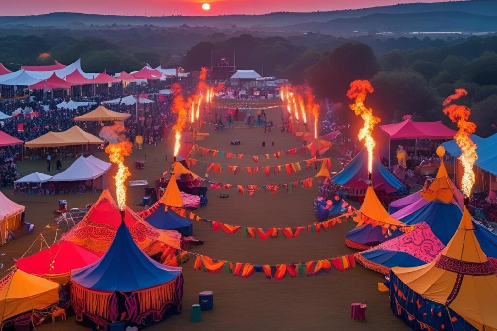 Vista aérea de acampamento de festas tradicionais com tendas coloridas e espetáculo de fogo ao entardecer
