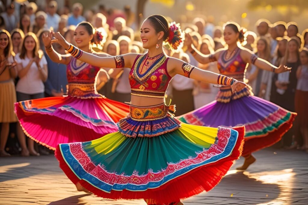 Dançarinas em trajes típicos coloridos apresentando dança tradicional durante festa cultural