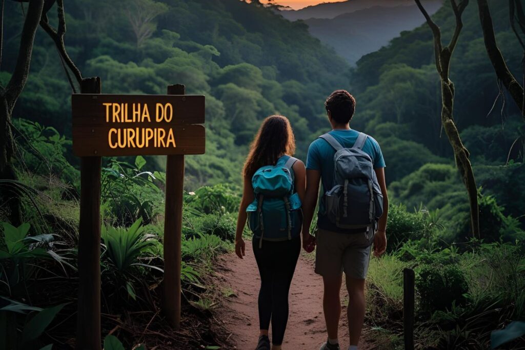 Casal em trilha, "Trilha do Curupira", explorando lendas e mitos brasileiros.