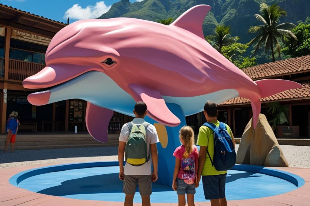 Família em frente a uma estátua gigante de golfinho rosa, remetendo a mitos marinhos.