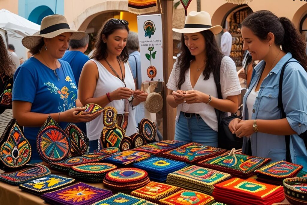 Mulheres em feira de artesanato, exibindo peças que podem evocar lendas e mitos locais.
