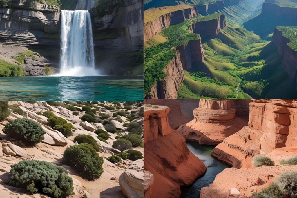 Mosaico da Chapada Diamantina mostrando cachoeiras para rapel, cânions para trekking e paisagens diversificadas da região