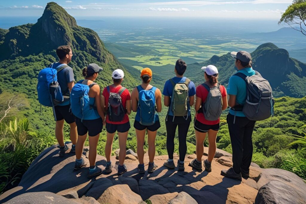 Grupo de aventureiros fazendo trekking em cânions da Chapada Diamantina contemplando vista panorâmica das montanhas