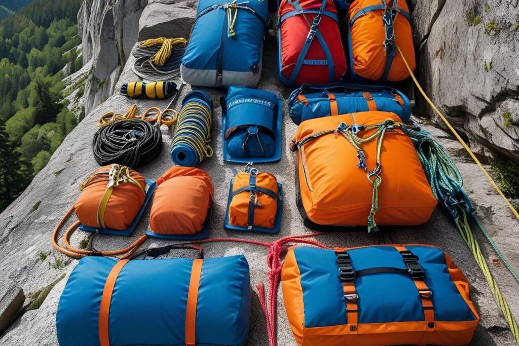 Equipamentos completos para rapel em cachoeiras e trekking em cânions da Chapada Diamantina organizados sobre rocha