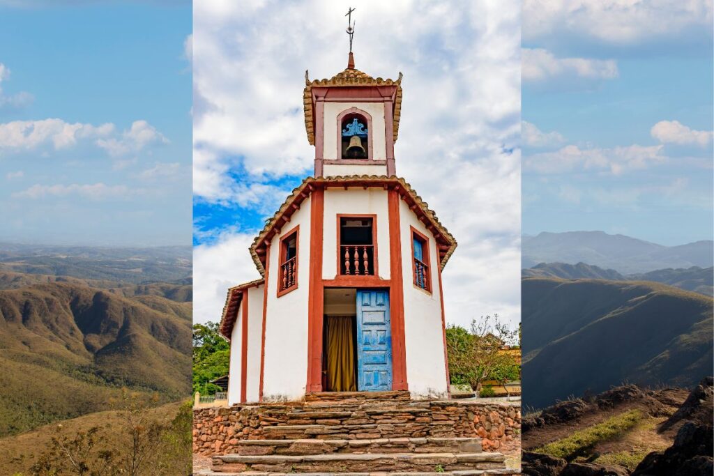 Tríptico mostrando a histórica Igreja de Nossa Senhora do Ó no centro, com suas portas azuis e campanário, ladeada por paisagens de colinas e montanhas de Sabará, Minas Gerais. O céu azul com nuvens brancas completa a cena.
