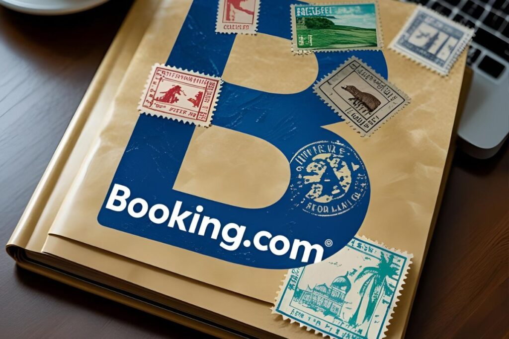 Logo da Booking.com em um caderno com selos de viagem. Reservar hotéis online.