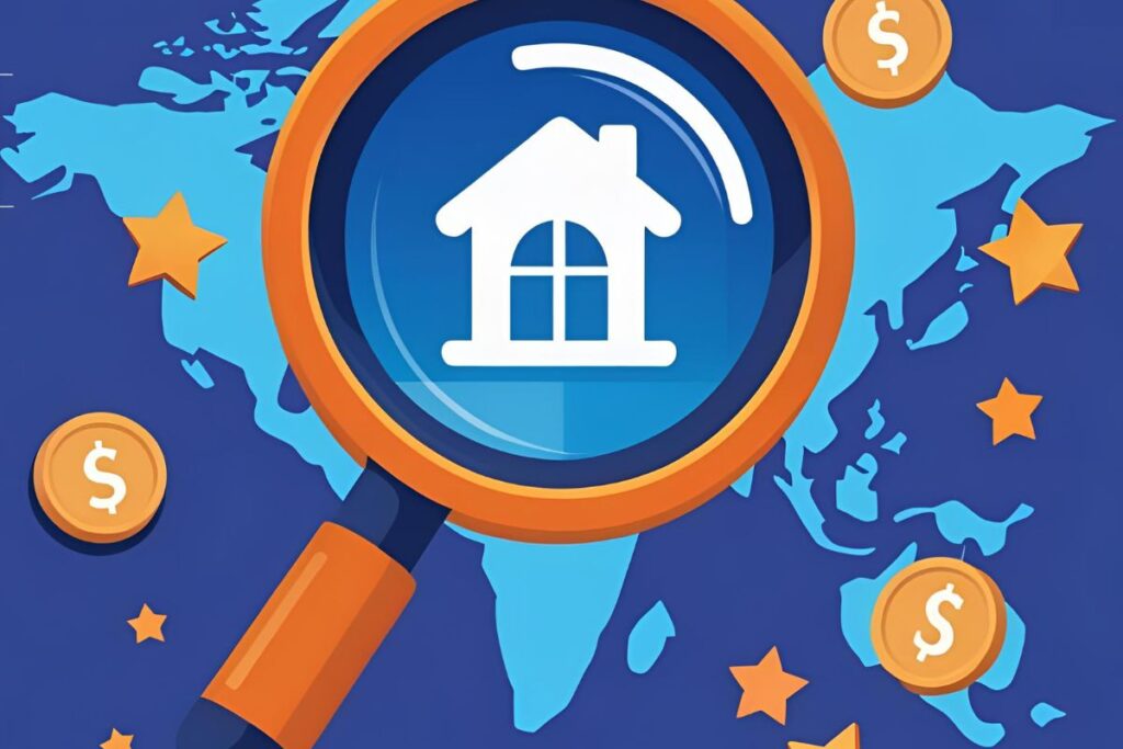 Lupa laranja sobre mapa procurando casa, estrelas e cifrões. Melhores ofertas de hospedagem.