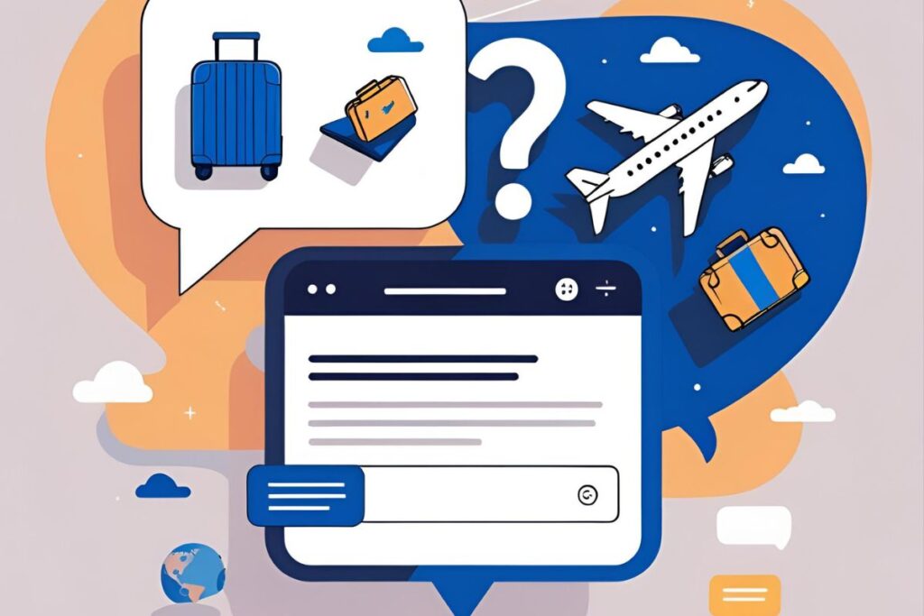 Interface do Booking.com com avião, malas e ponto de interrogação. Encontre sua hospedagem ideal.