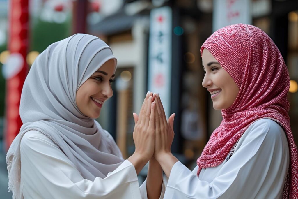 Duas mulheres praticando etiqueta cultural tradicional com cumprimento respeitoso de mãos unidas e sorrisos calorosos