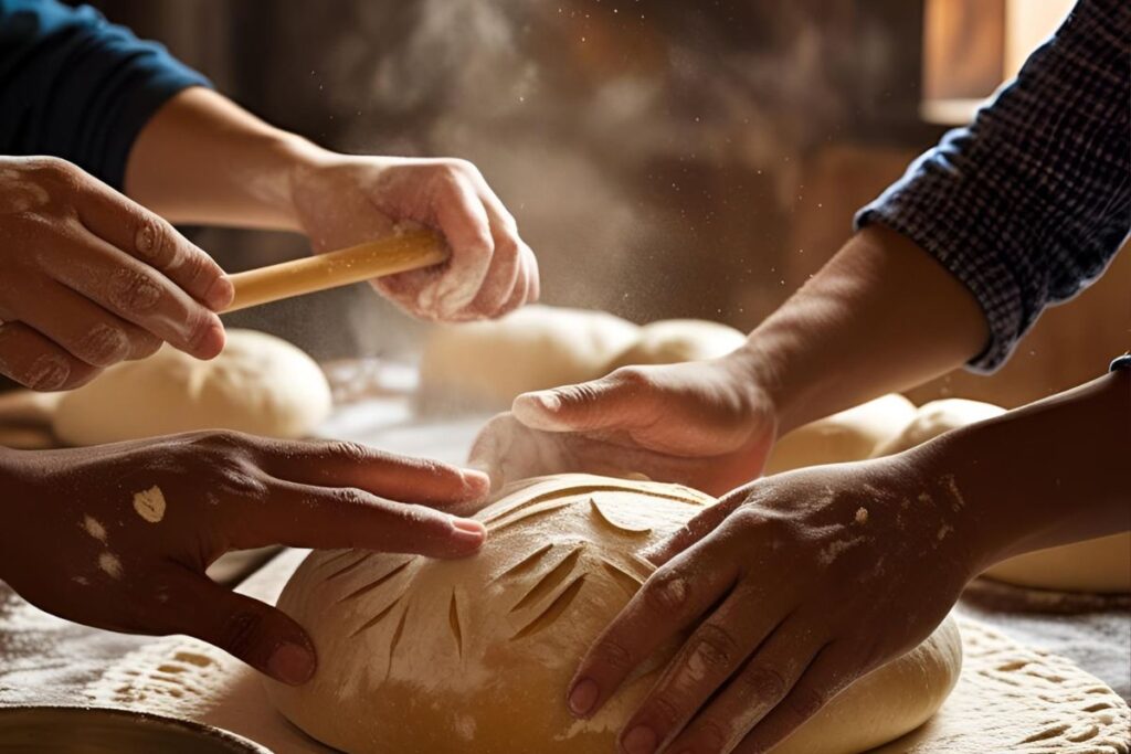 Mãos trabalhando juntas preparando pão tradicional - intercâmbio cultural através de tradições culinárias autênticas