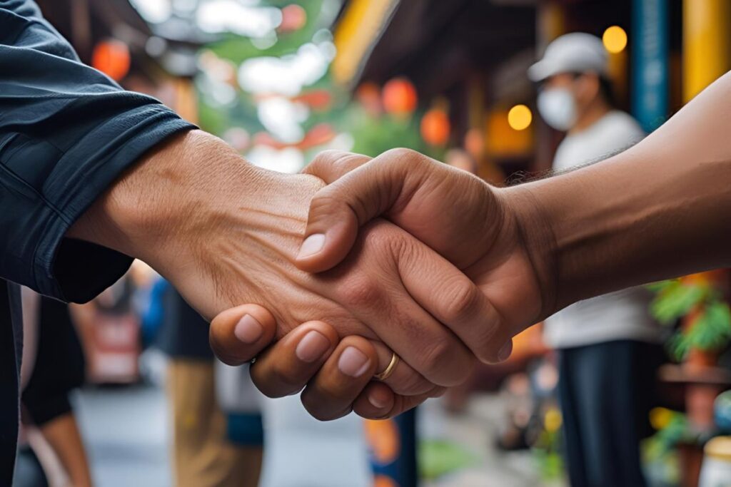 Aperto de mãos caloroso entre culturas diferentes simbolizando conexões criadas através de experiências culturais genuínas