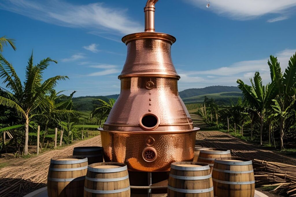 Alambique de cobre em Salinas, Minas Gerais, com barris de cachaça ao redor e plantação de cana-de-açúcar ao fundo sob céu azul.Fotografia em ângulo baixo de um alambique de cobre brilhante, com detalhes em relevo, posicionado ao ar livre. Ao redor da base, diversos barris de madeira clara com cintas escuras estão dispostos. Ao fundo, uma extensa plantação de cana-de-açúcar se estende até colinas verdejantes sob um céu azul com nuvens esparsas. Palmeiras e vegetação tropical emolduram a cena.