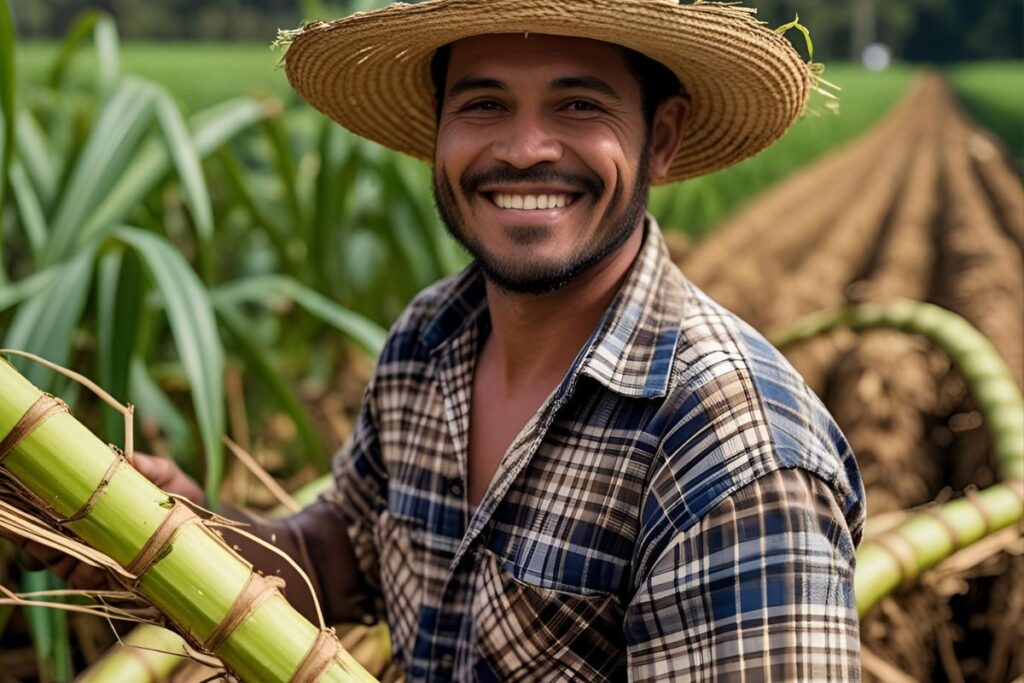 Agricultor sorridente com chapéu de palha segurando cana-de-açúcar em plantação em Salinas, Minas Gerais.