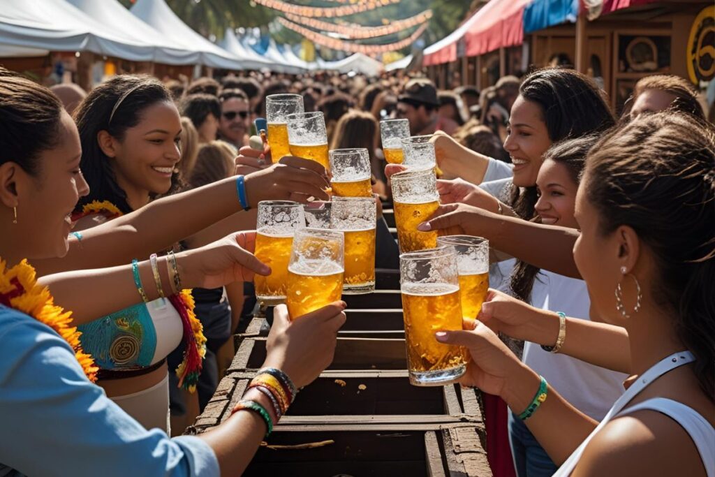 Grupo de pessoas brindando com copos de cerveja em festival de Salinas, Minas Gerais, atmosfera festiva e alegre.