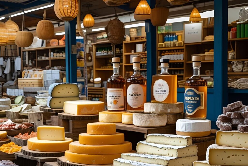 Exposição de queijos artesanais e garrafas de cachaça em um mercado de Minas Gerais. O balcão está repleto de diferentes tipos de queijo, simbolizando a tradição e o acolhimento.