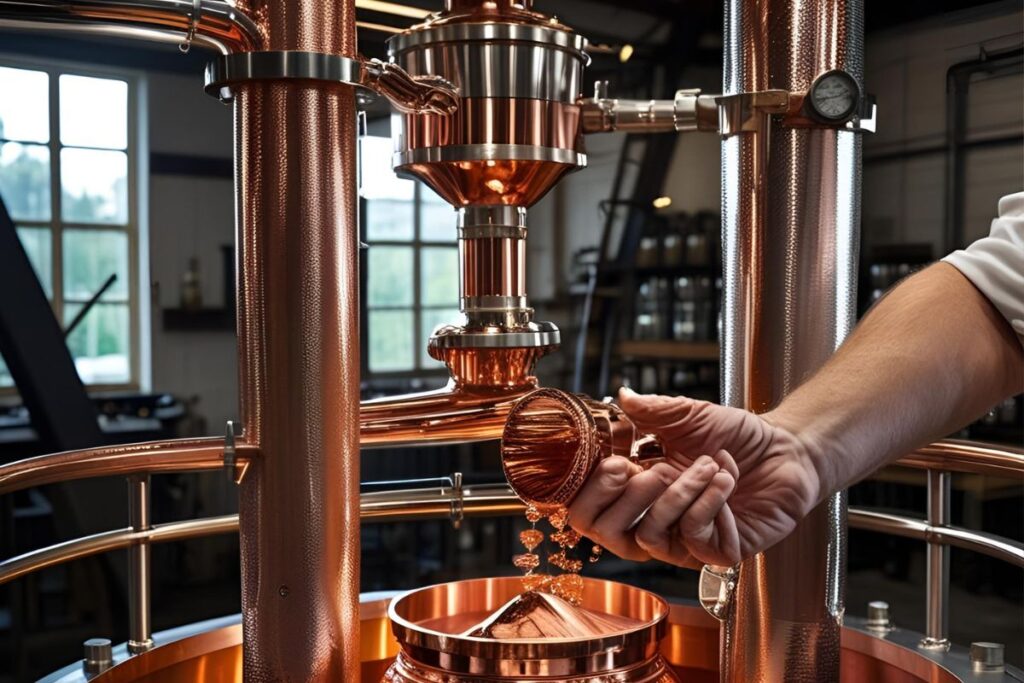 Produção de cachaça artesanal em alambique de cobre, mão despejando ingredientes em funil de metal.