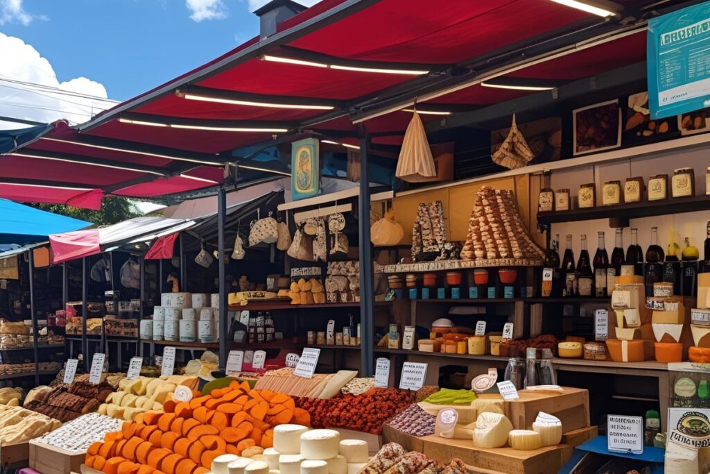 Mercado de Salinas, Minas Gerais, com diversas barracas vendendo queijos, doces e produtos artesanais sob toldos coloridos.