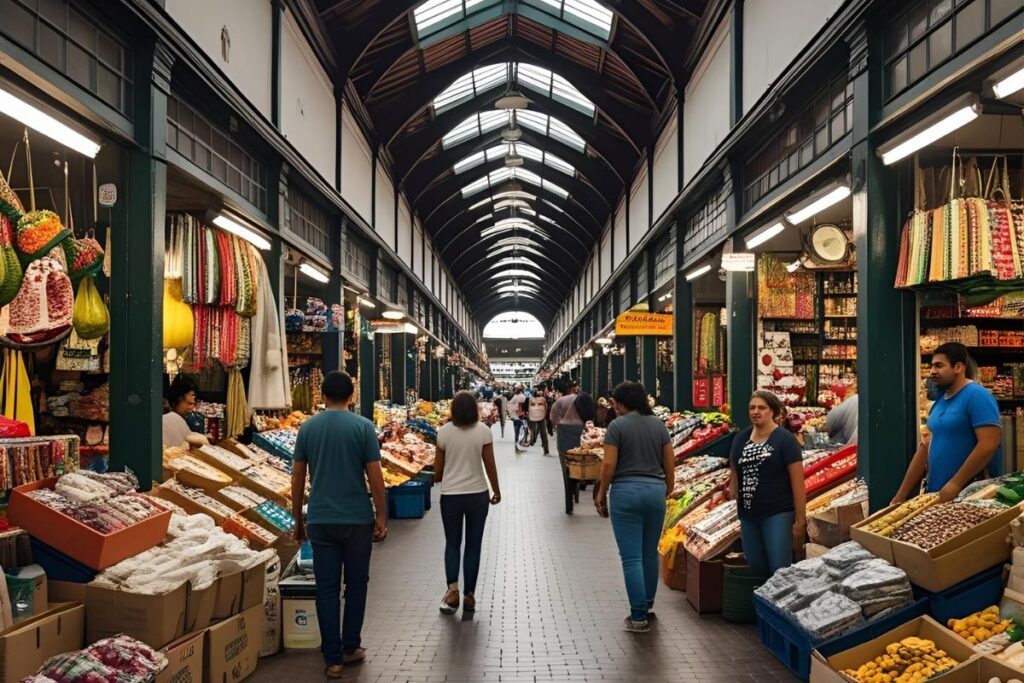 Corredores movimentados do Mercado Central de BH, repletos de lojas com produtos diversos, mostrando a vida do mercado mineiro.