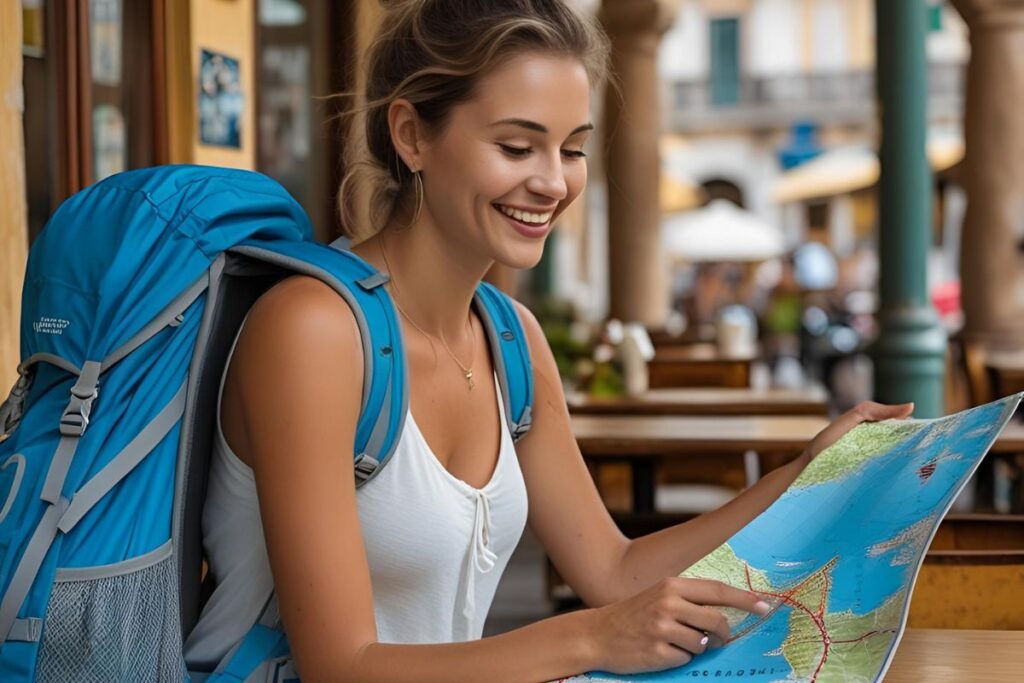 Mulher sorridente com uma mochila azul e grande, sentada em uma cafeteria, examinando um mapa de viagem para um destino com baixo custo.