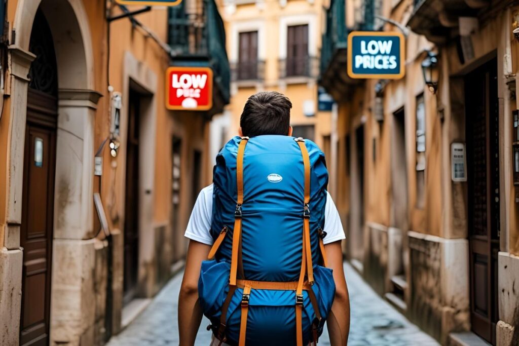 Homem com uma grande mochila azul e laranja caminhando por uma rua estreita e charmosa, com placas de "Low Prices" indicando uma viagem com baixo custo.