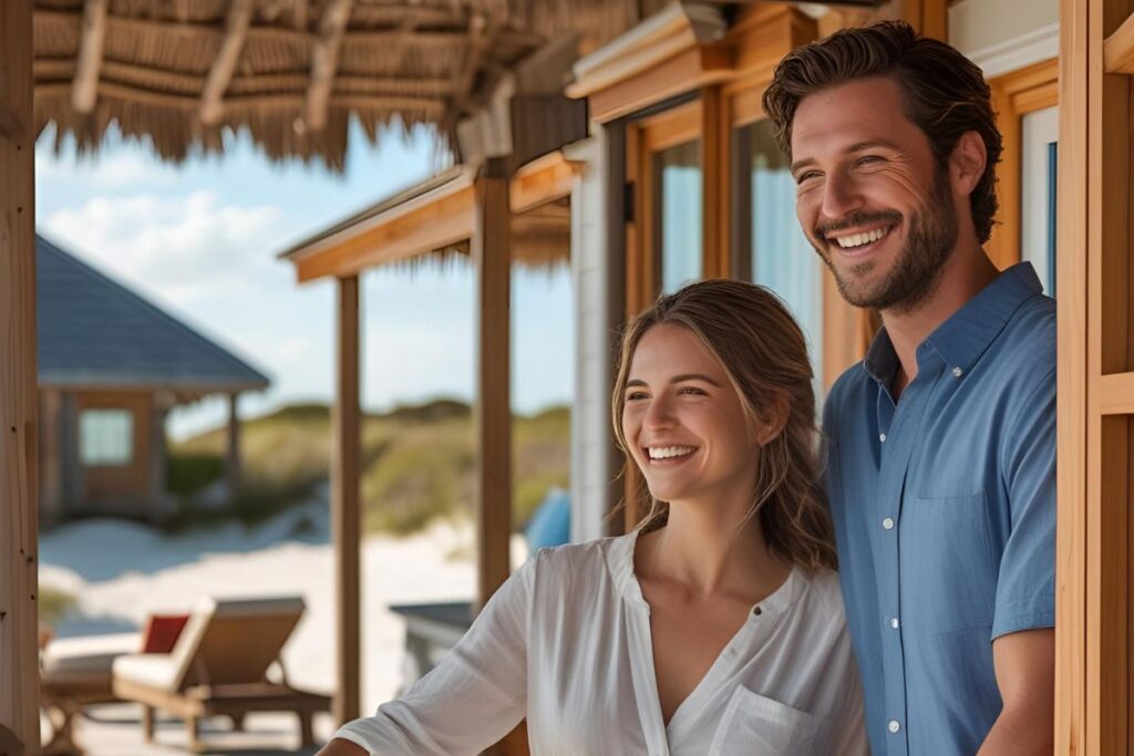 Casal feliz aproveitando a vista de um aluguel de temporada Decolar.