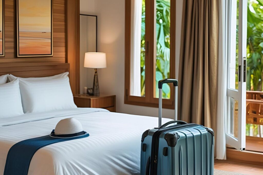  Quarto de aluguel de temporada reservado pela Decolar, com mala pronta para viagem.