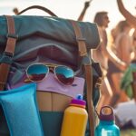 Mochila de viagem preparada para festas tradicionais com óculos de sol, garrafa d'água e equipamentos essenciais
