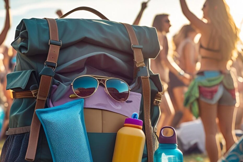 Mochila de viagem preparada para festas tradicionais com óculos de sol, garrafa d'água e equipamentos essenciais
