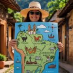 Mulher sorridente segurando mapa colorido com ícones de lendas e mitos regionais.