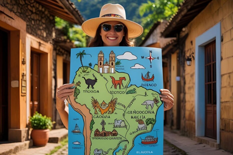Mulher sorridente segurando mapa colorido com ícones de lendas e mitos regionais.