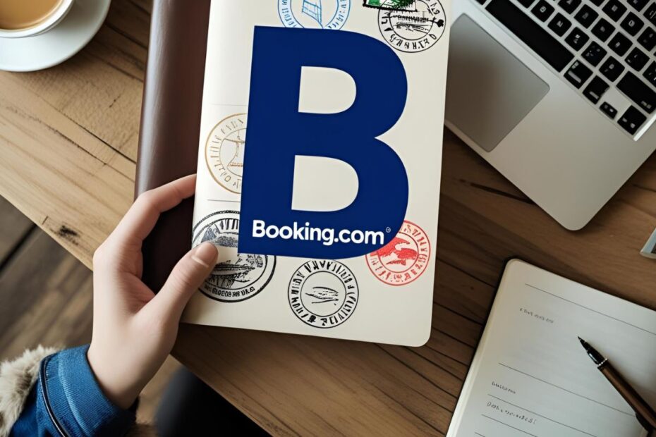 Mão segurando caderno com logo Booking.com e selos, laptop e café na mesa. Planejamento de viagens online Booking.com.