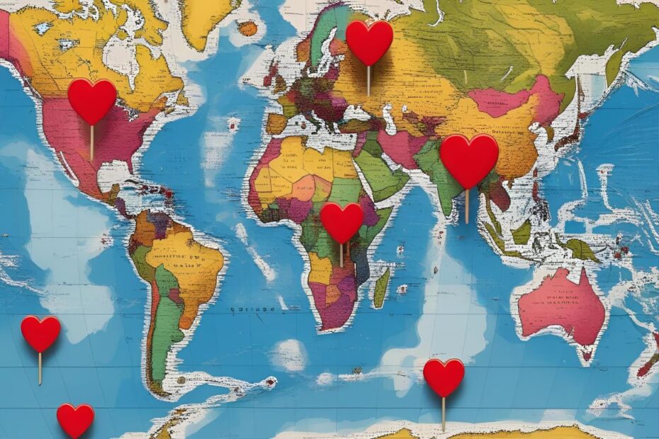 Mapa-múndi colorido com corações vermelhos marcando destinos de experiências culturais ao redor do mundo