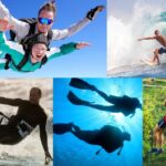Colagem de esportes radicais descobertos viajando: paraquedismo, surfe, kitesurf, mergulho e tirolesa em destinos paradisíacos