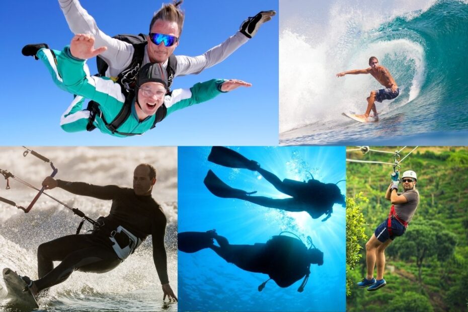 Colagem de esportes radicais descobertos viajando: paraquedismo, surfe, kitesurf, mergulho e tirolesa em destinos paradisíacos