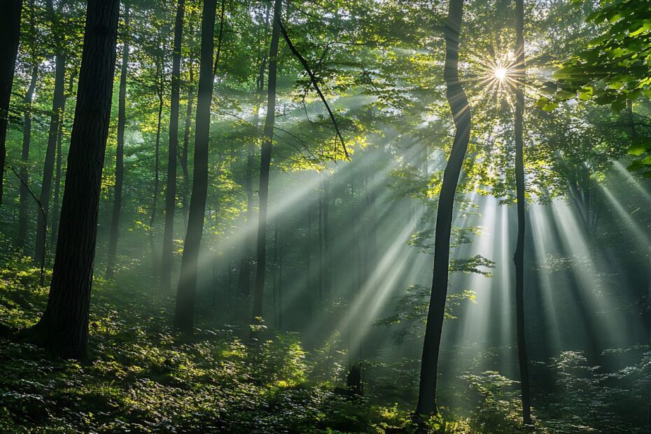 Raios de sol atravessando árvores densas da Floresta Amazônica, criando uma atmosfera mística que remete às histórias e lendas da maior floresta tropical do mundo.